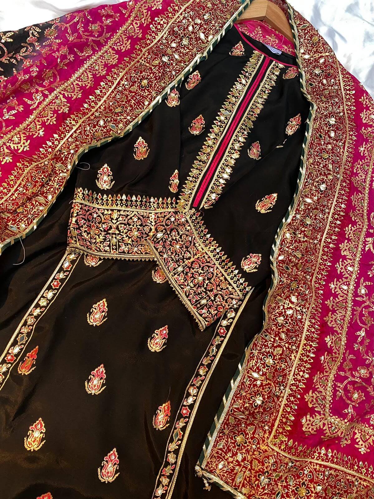Black Silk Suit with Three-Shaded Chunari Dupatta: Mukesh Work, Golden Border