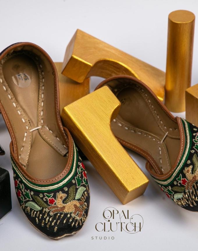 Midnight Peacock Khussa Flats | Embroidered Pakistani Juttis