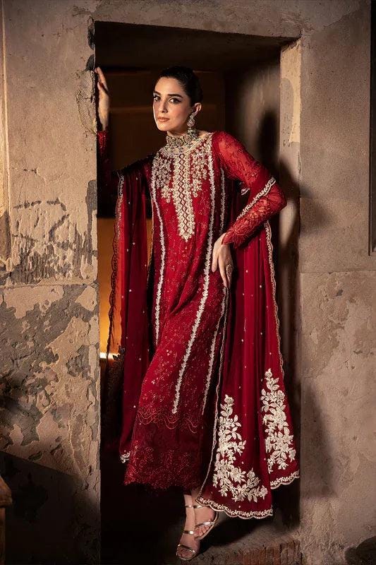 Red Chiffon Pakistani Bridal Suit: Embroidered Net Dress