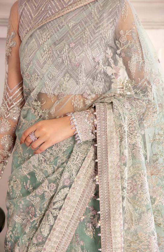 Sea Green Embroidered Net Saree: Indian Silk Wedding Party Wear