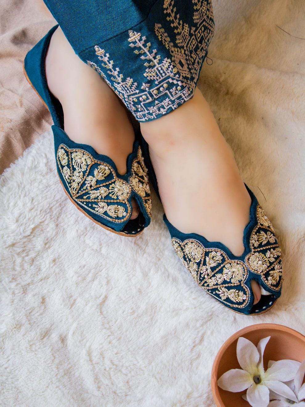 Handmade Bridal Khussa Jutti | Mirror & Velvet Embellished Flats