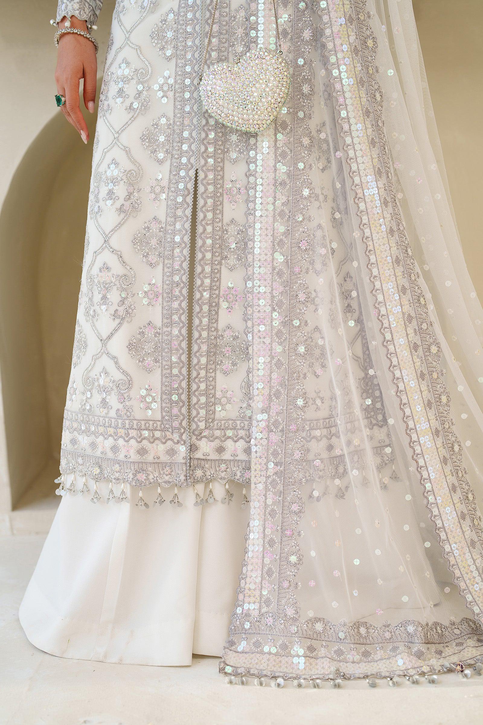 White Sequins Embroidered Pakistani Dress with Sharara