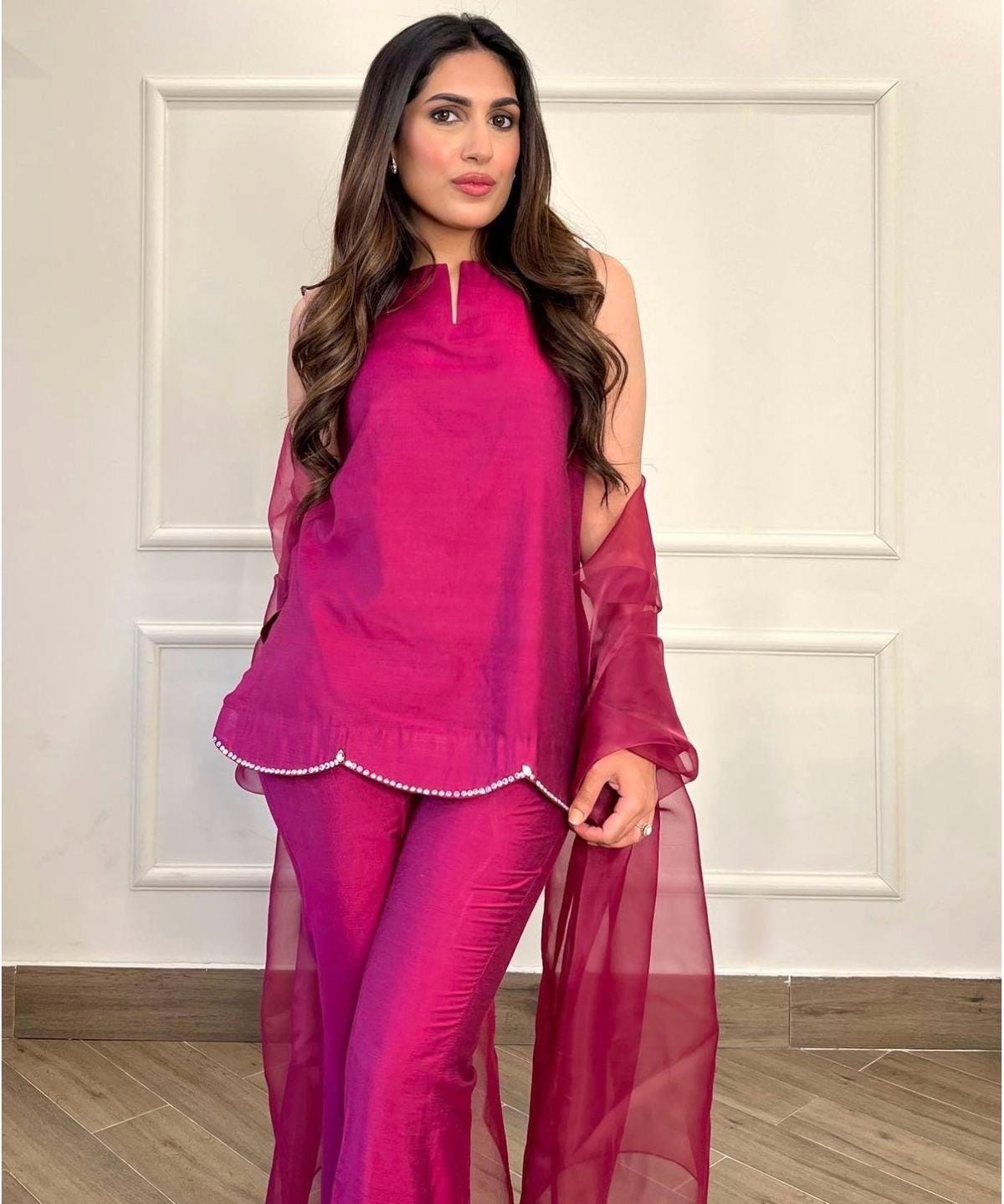 Hot Pink Silk Shalwar Kameez: Pakistani Bell-Bottom Outfit