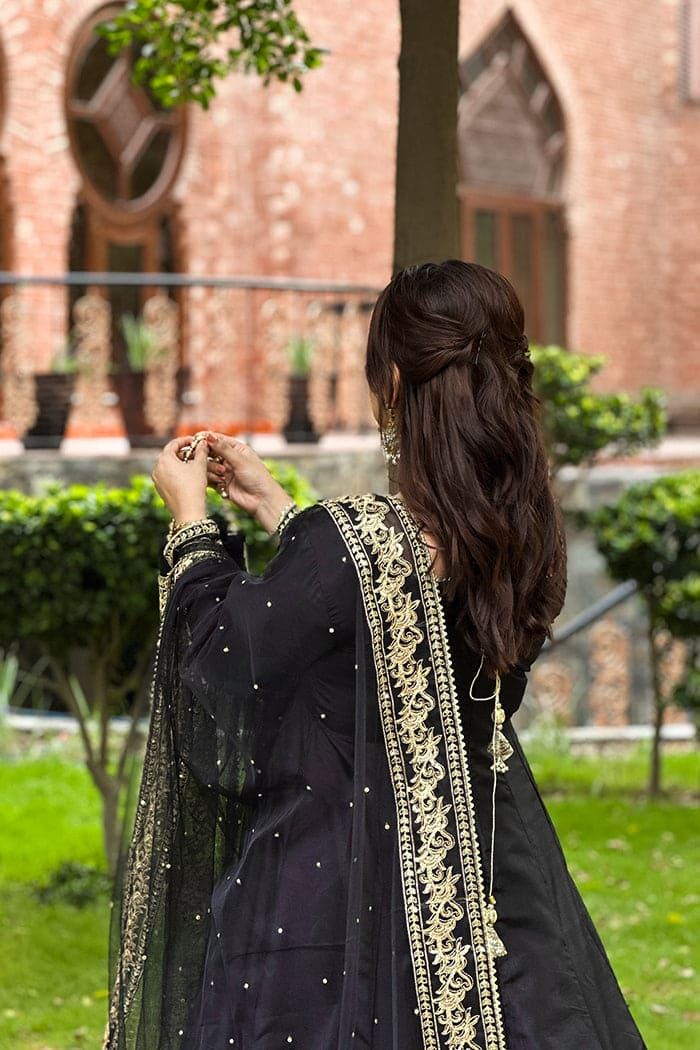 Black Silk Maxi Dress, Tilla Embroidery, Net Dupatta, Pakistani Indian