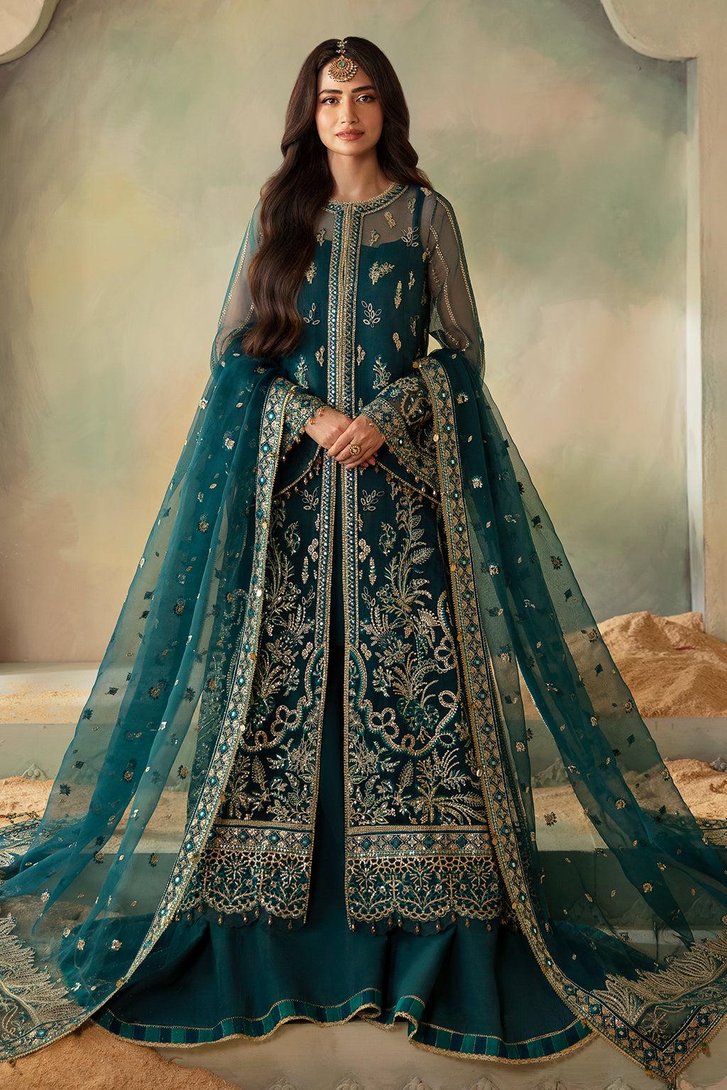 Embroidered Organza Pakistani Bridal Suit: Teal Green 3pc Shalwar Kameez