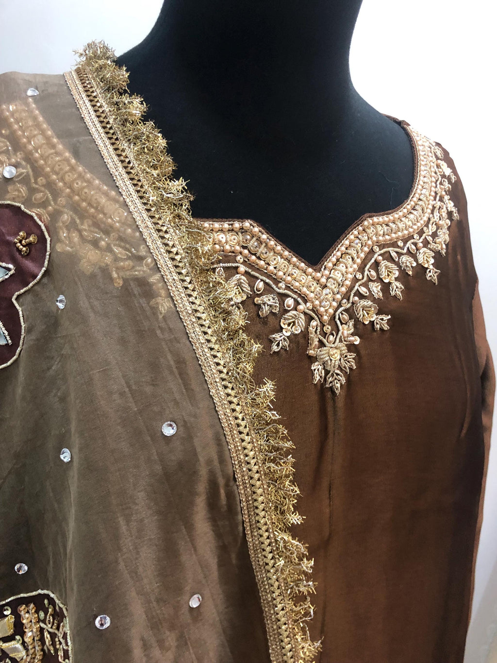 Brown Sheesha Silk Kamdani Suit, Hand-Painted Dupatta, Pakistani Wedding Outfit