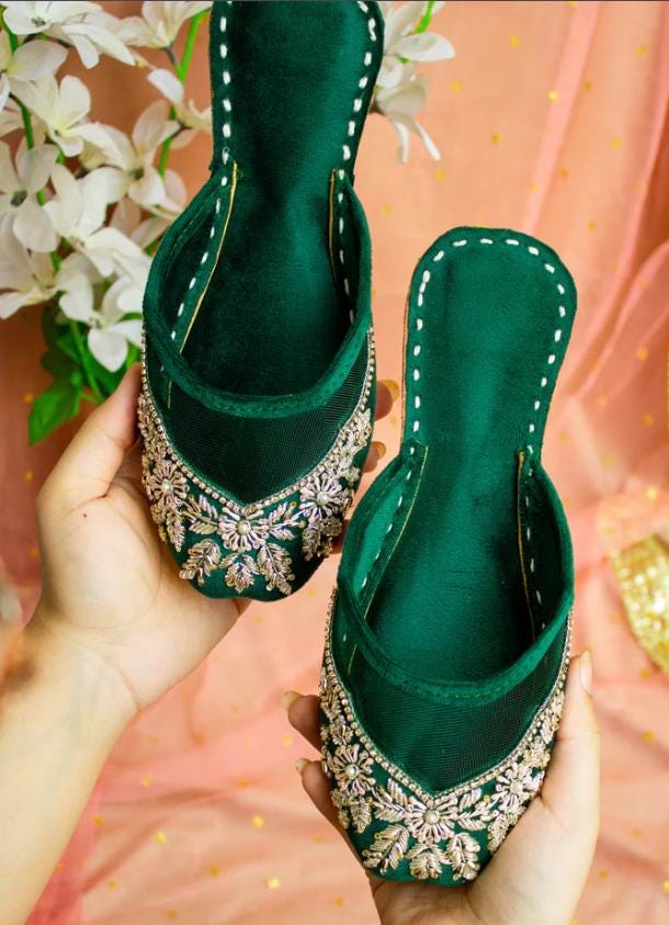 Handmade Green Velvet Jutti: Embroidered Khussa Flats, Indian Wedding Shoes