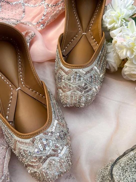 Handmade Silver Sequin Bridal Jutti, Genuine Leather Khussa Flats