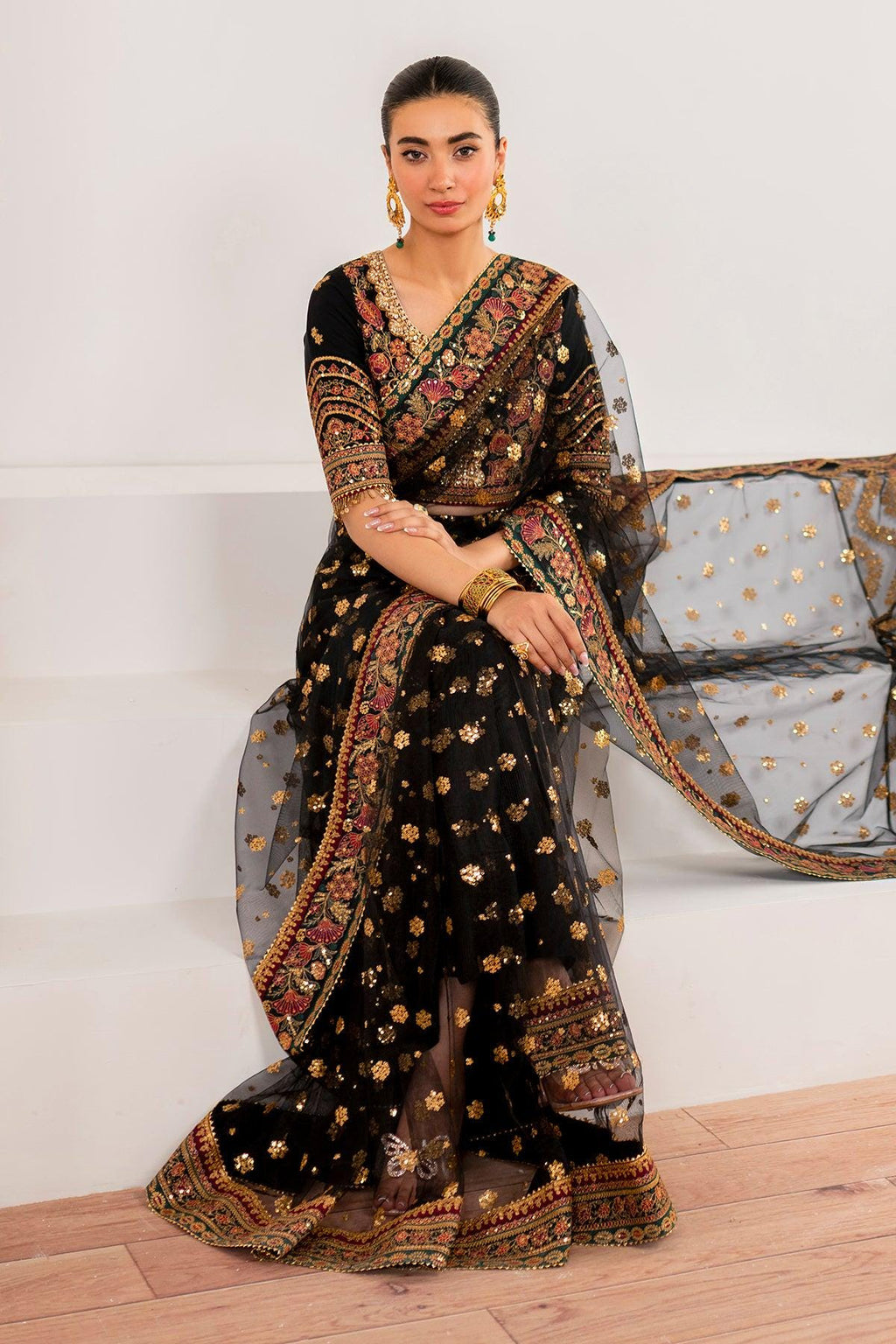 Black Threadwork Embroidered Net Saree, Indian Party Wear