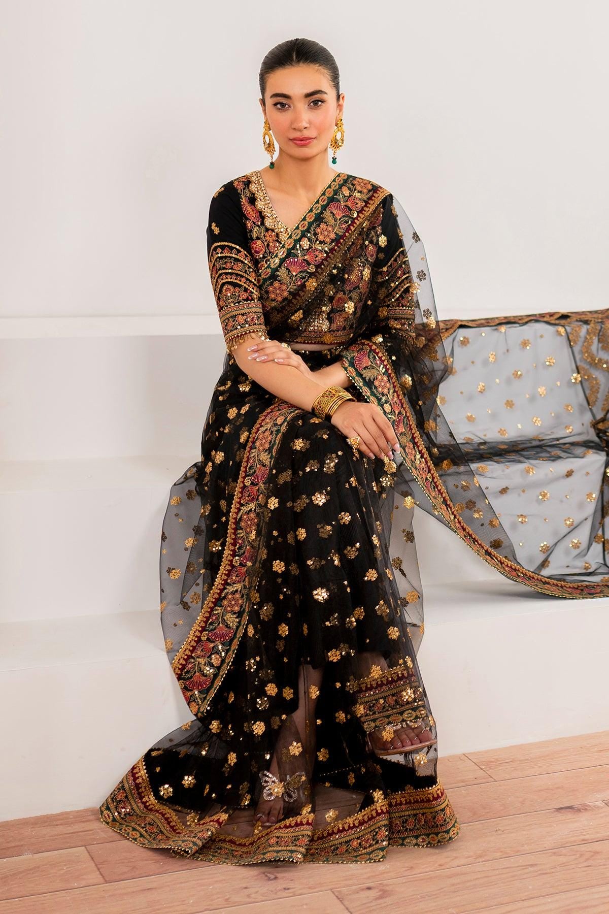 Black Threadwork Embroidered Net Saree, Indian Party Wear