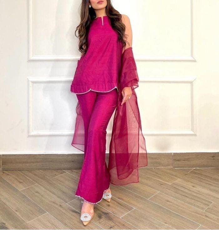 Hot Pink Silk Shalwar Kameez: Pakistani Bell-Bottom Outfit