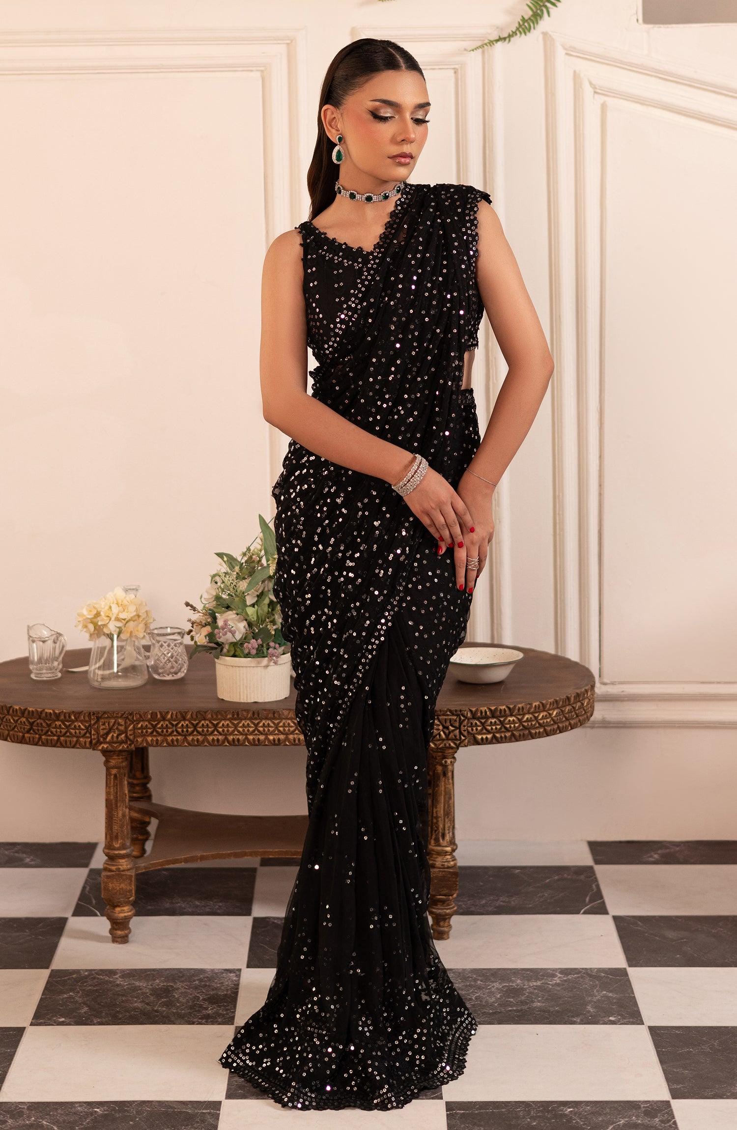 Black Sequin Saree with Embroidered Blouse: Indian Party Wear
