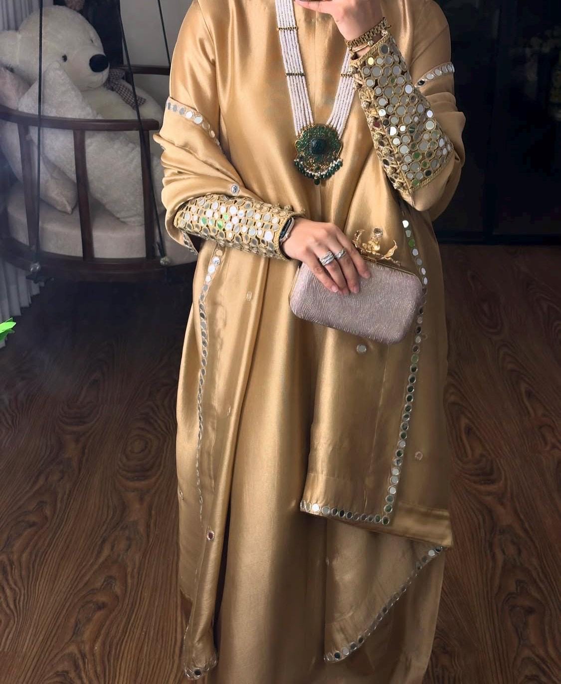 Gold Silk Kameez Shalwar, Pakistani Mirrorwork 3pc Outfit