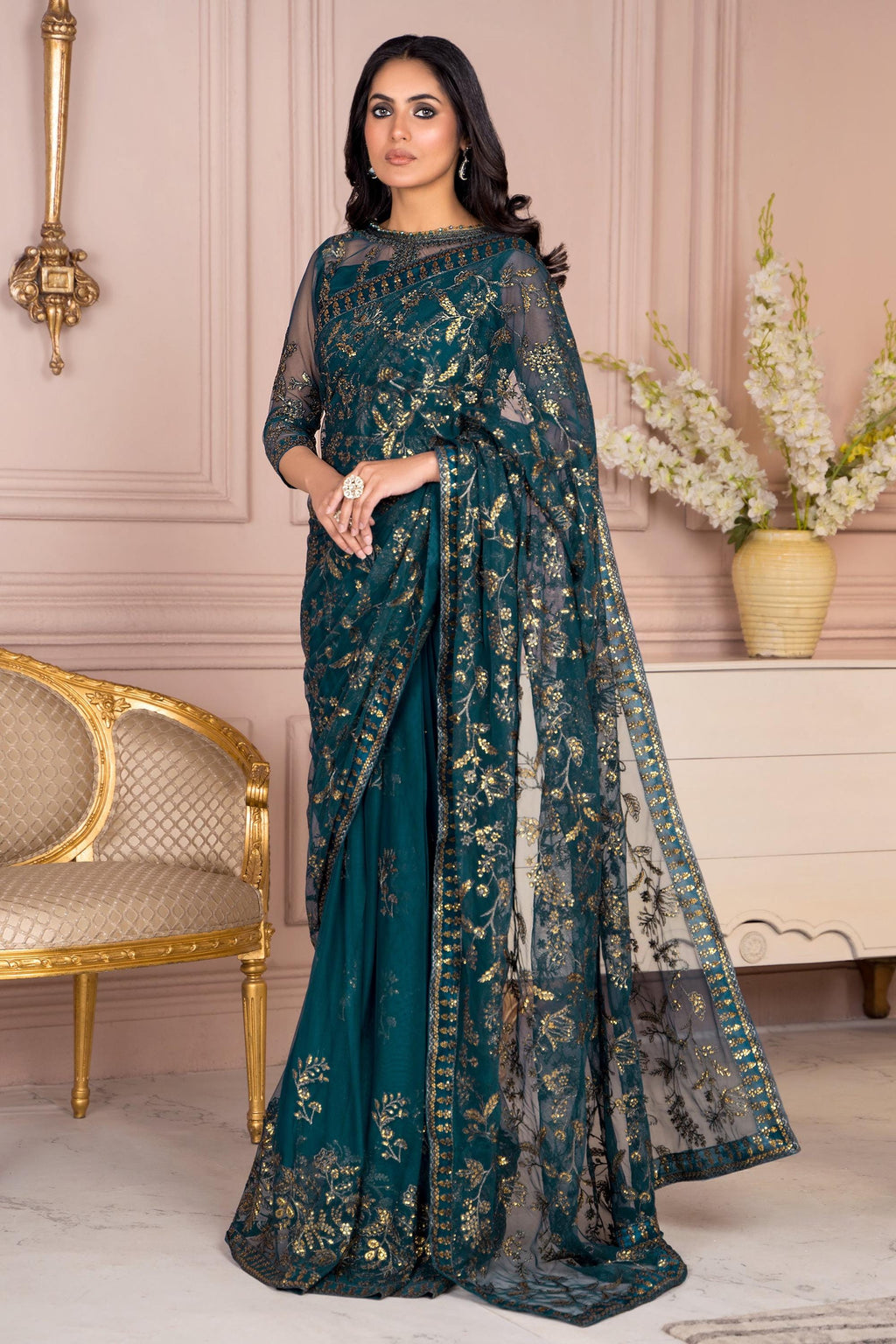 Teal green net Sequin Embroidered Saree with Blouse