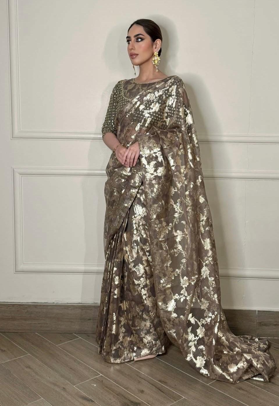 Indian Wedding Saree, Brown & Gold Sequins Embroidered Net Saree