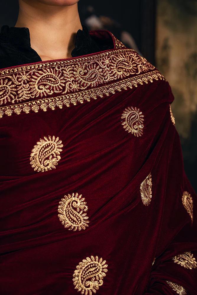 Zari Maroon Velvet Bridal Shawl, Kashmiri Style