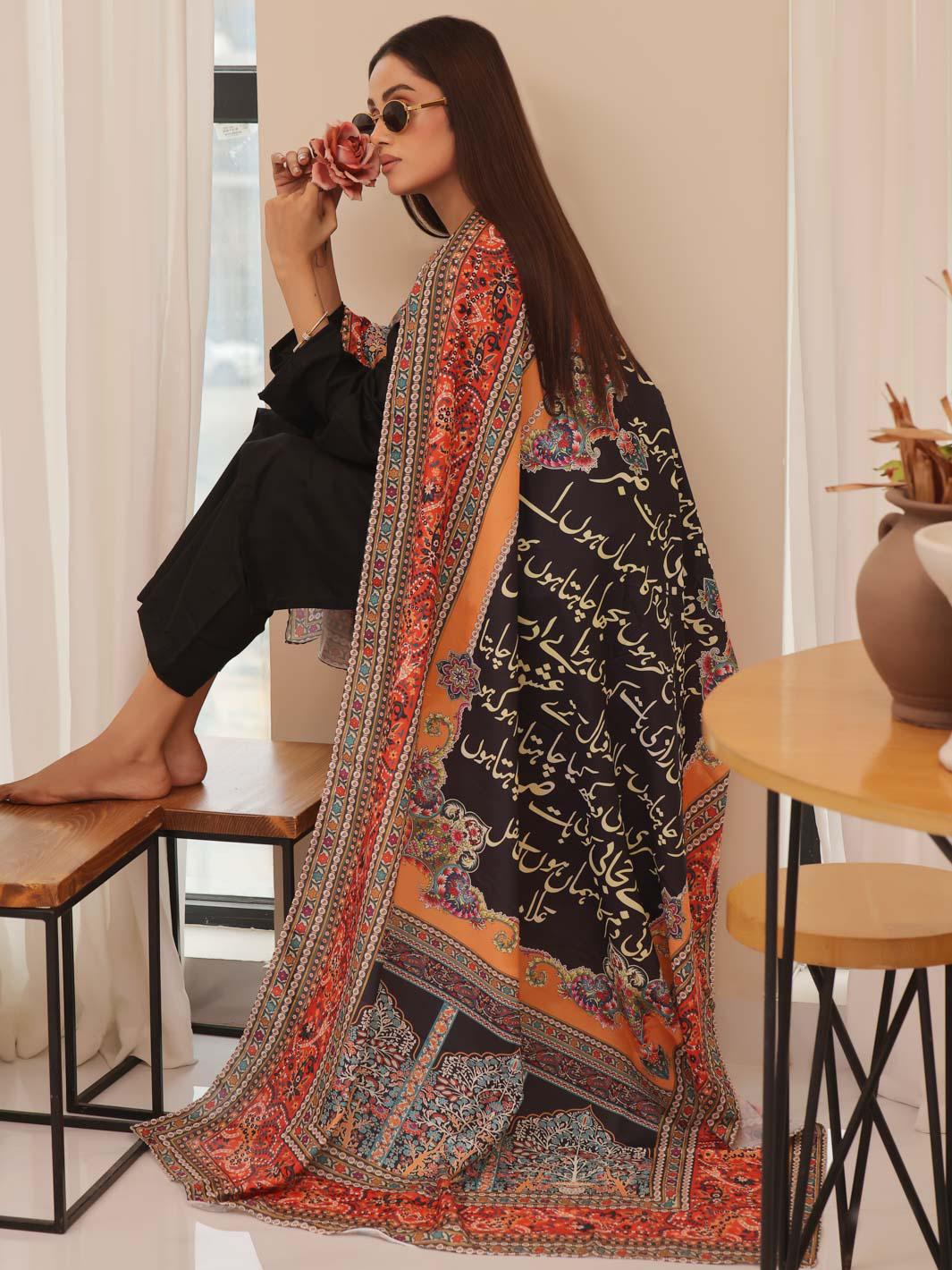 Handcrafted Chiffon Dupatta – Urdu Poem Scarf, Traditional Style