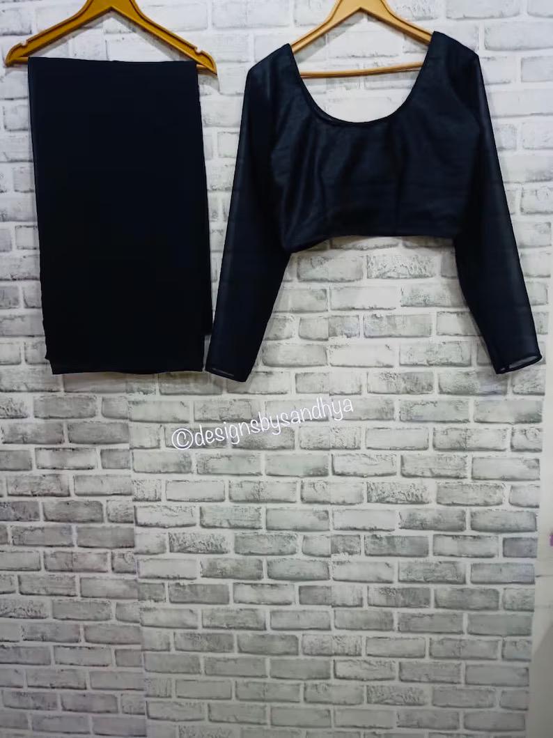 Black bolywood style Chiffon Saree, Indian sari with stitched blouse, readymade Blouse