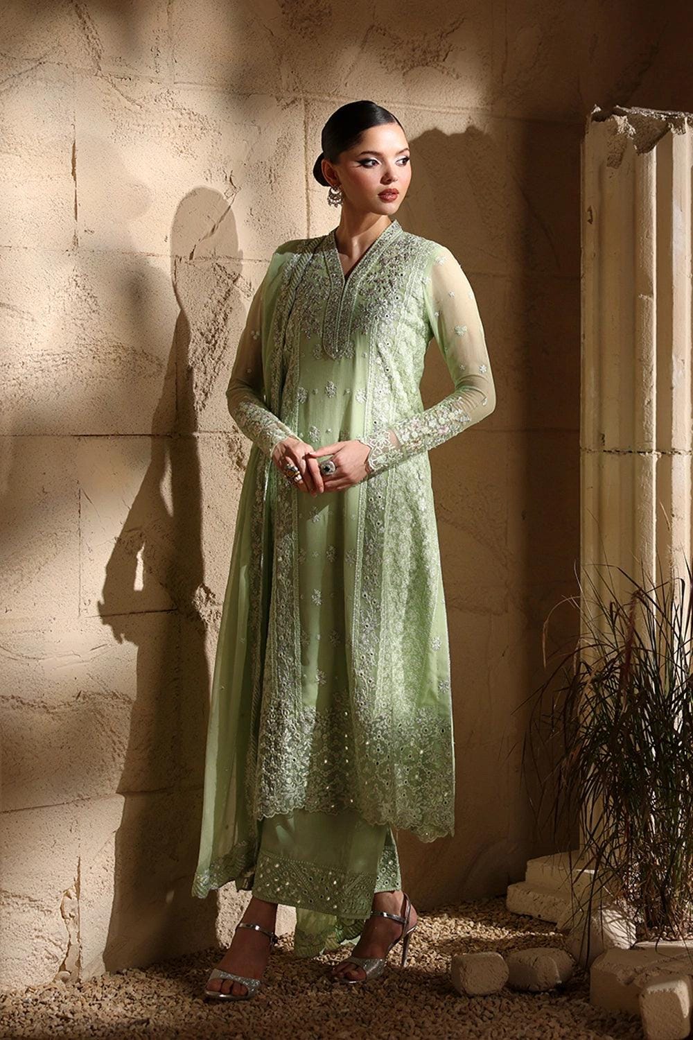 light green Chiffon Pakistani Bridal Suit: Embroidered Net Dress