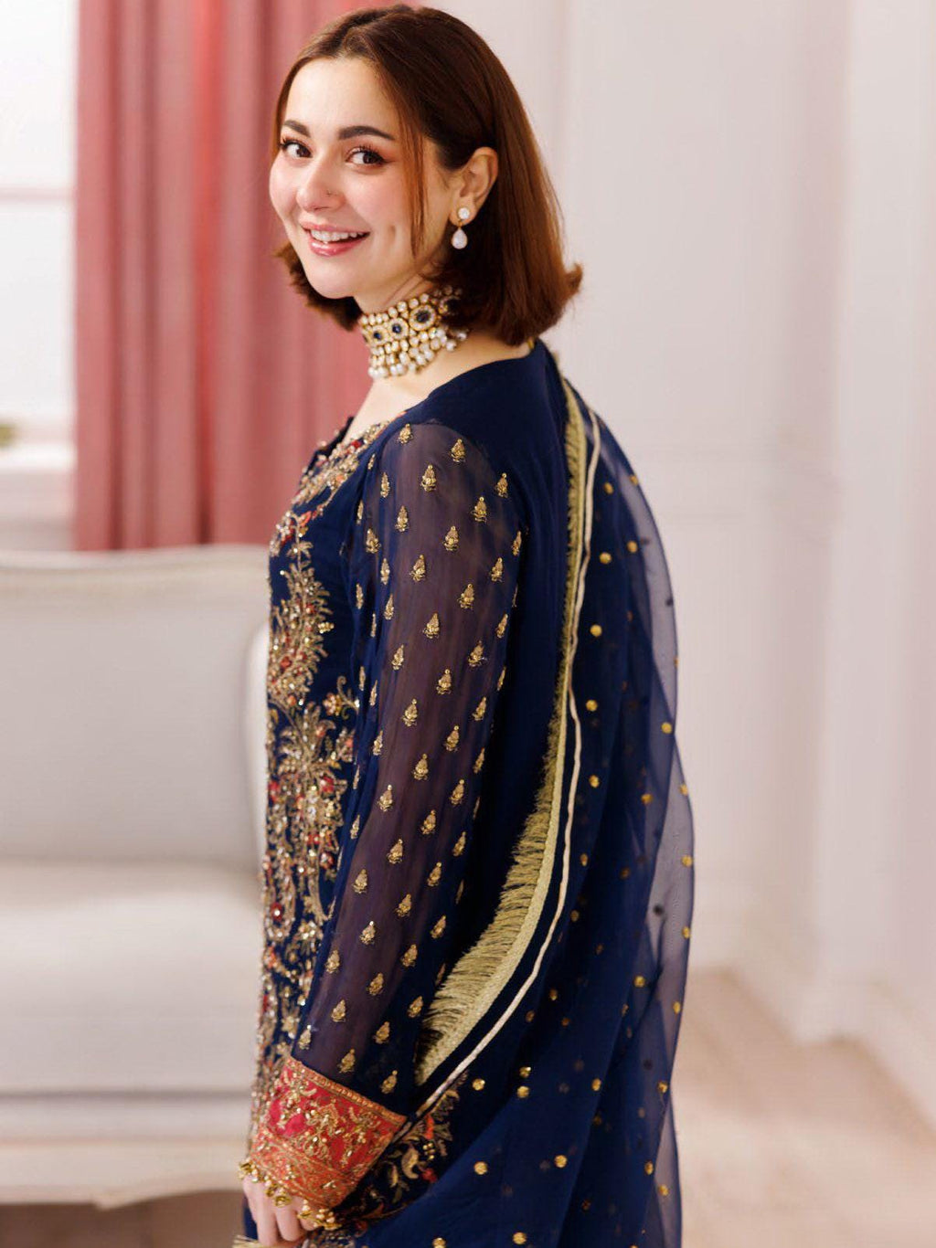 Embroidered Chiffon Pakistani Dress: Blue Floral Kashmiri Party Wear