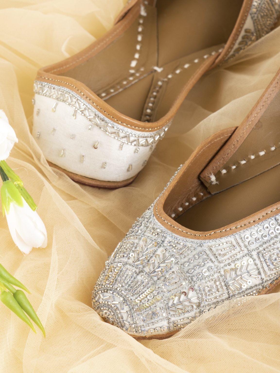 Handcrafted Silver White Vegan Jutti: Indian Wedding Mojari Khussa