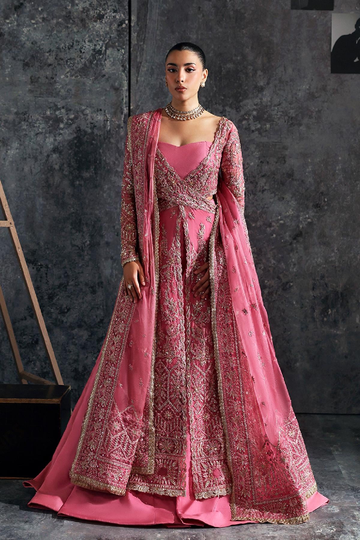 Pink Hand embellished Embroidered long Maxi Dress: Pakistani fancy Lengha