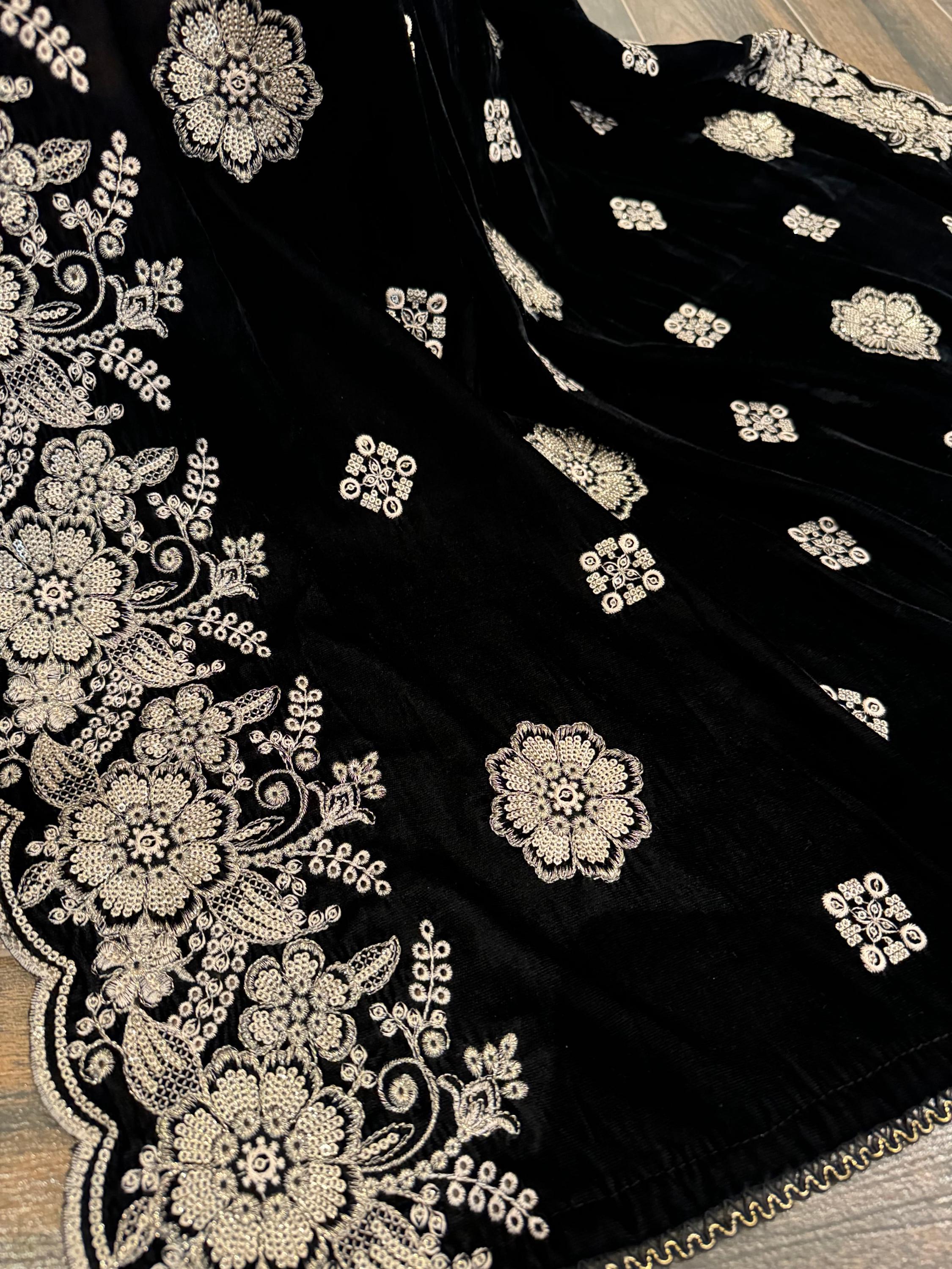 Black Velvet Shawl, Silver Gold Embroidered Floral, Indian Wedding Shawl