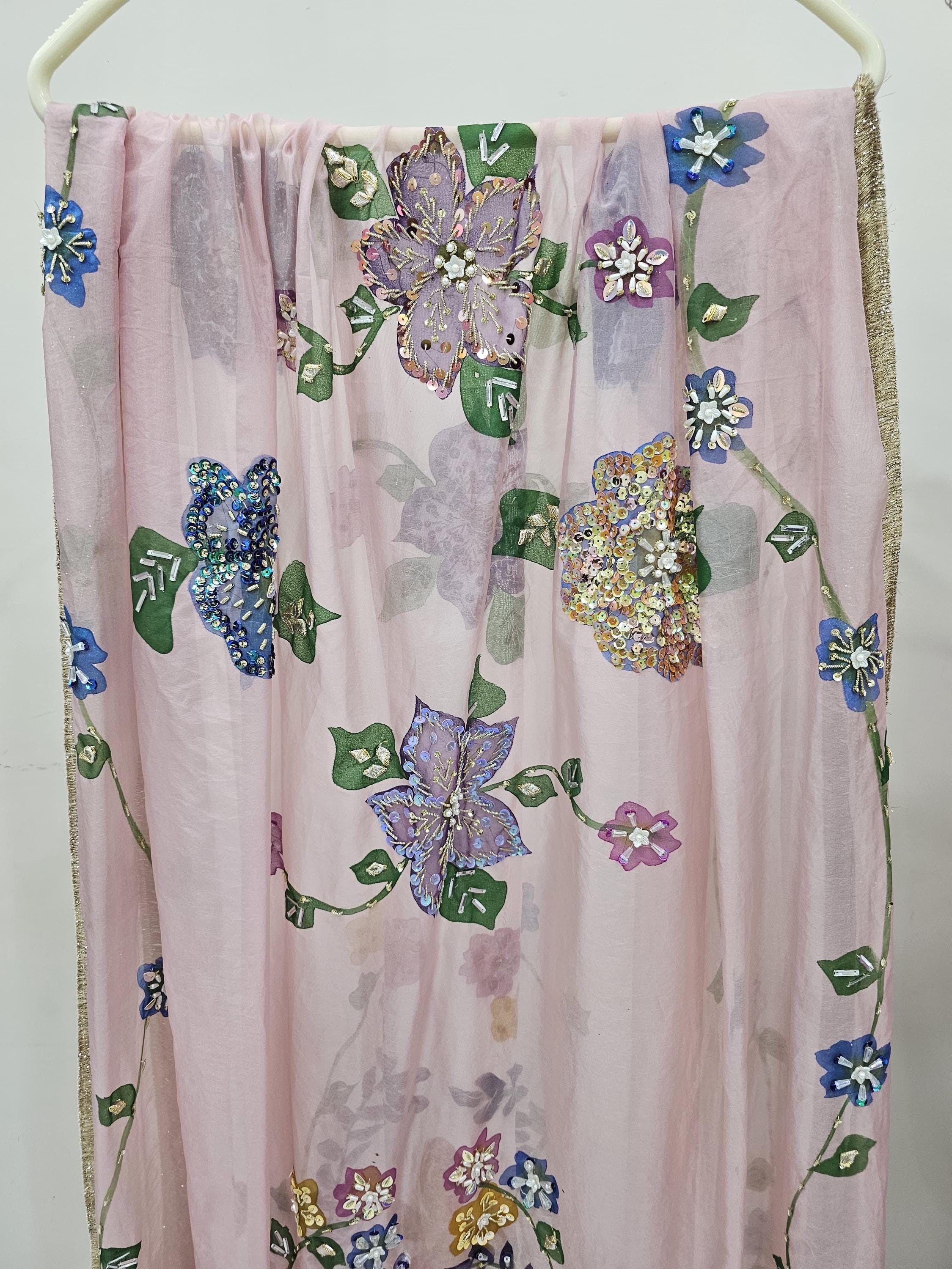 Hand-Painted Floral Tissue Dupatta: Baby Pink Bridal Shawl