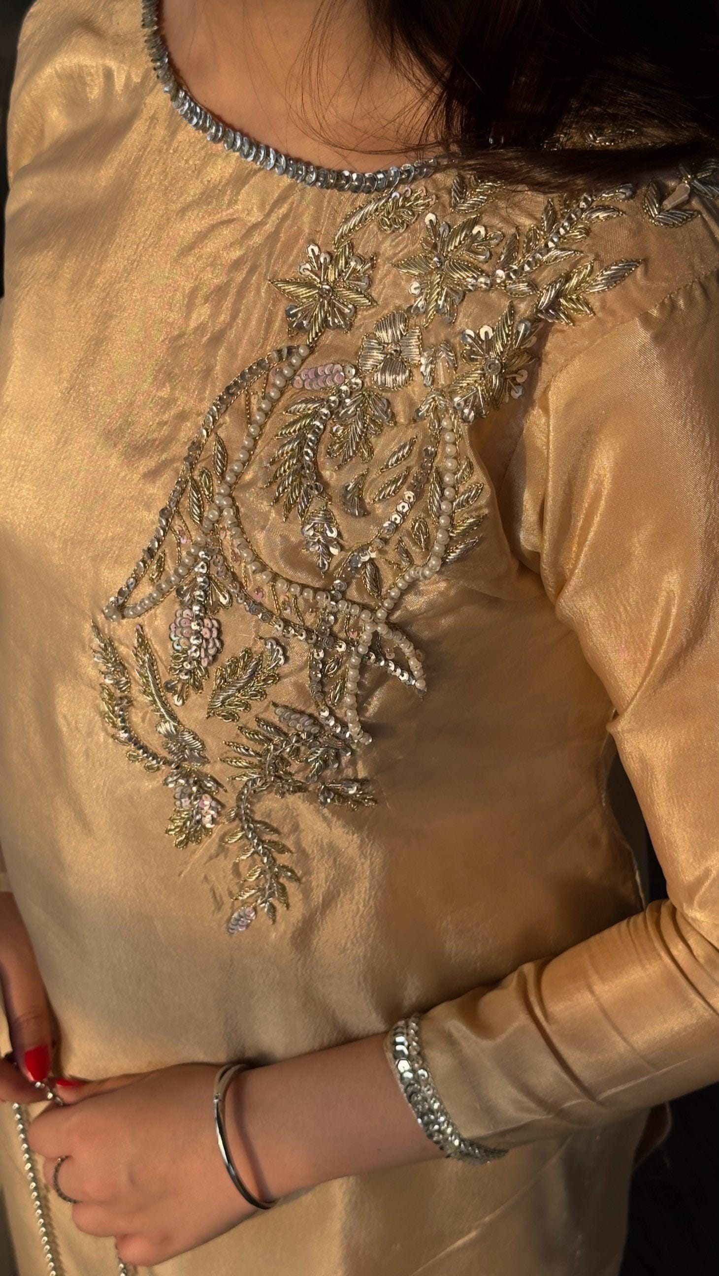 Ivory Silk Pakistani Dress: Silver Embroidery, Organza Dupatta