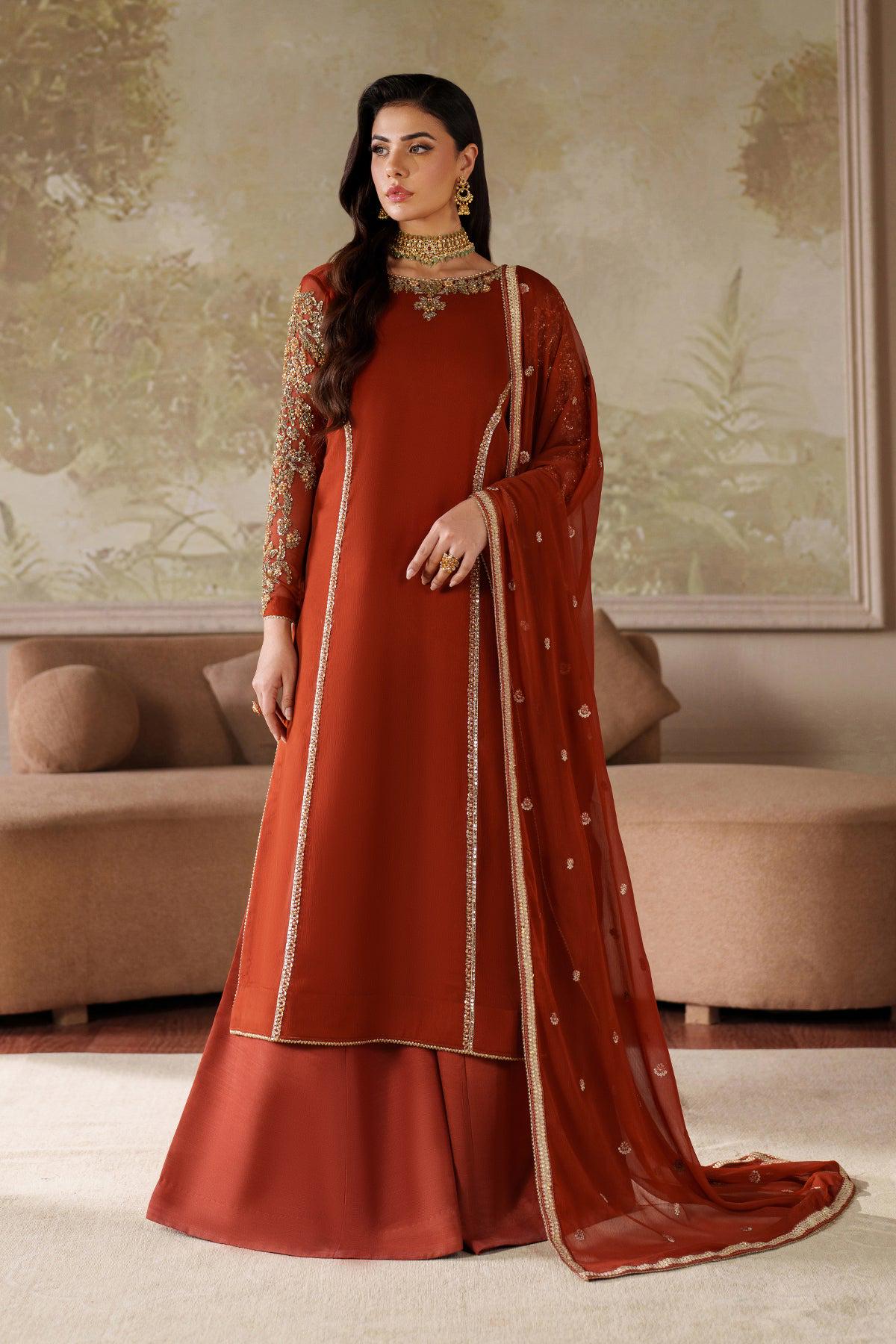 Rust Kamdani Sharara Suit, Pakistani Wedding Dress, Embroidered fancy chiffon dress