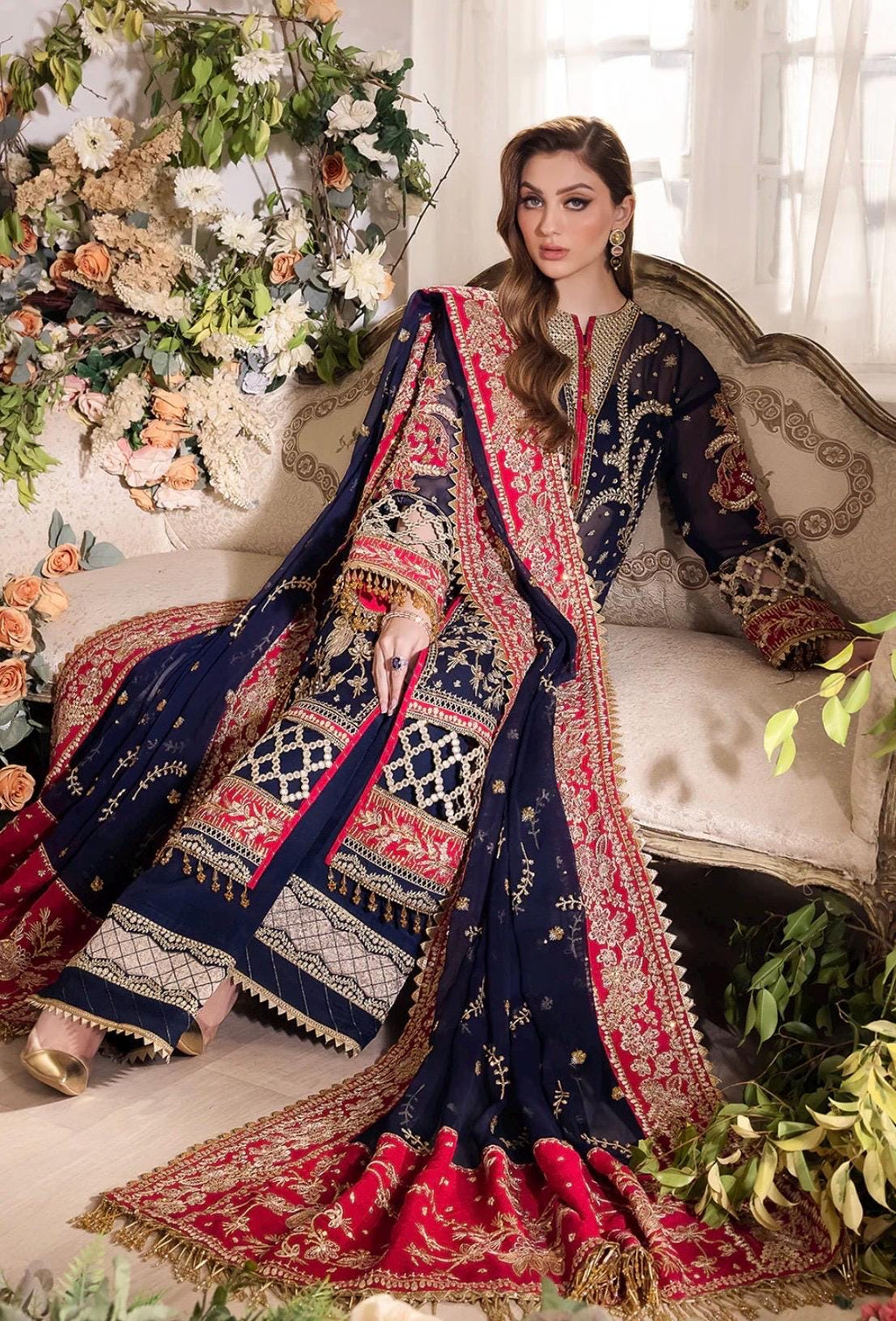 Blue Pakistani Bridal Guest Suit: Embroidered Chiffon 3pc Dress