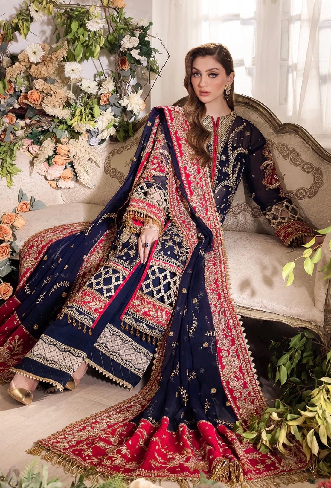 Blue Pakistani Bridal Guest Suit: Embroidered Chiffon 3pc Dress