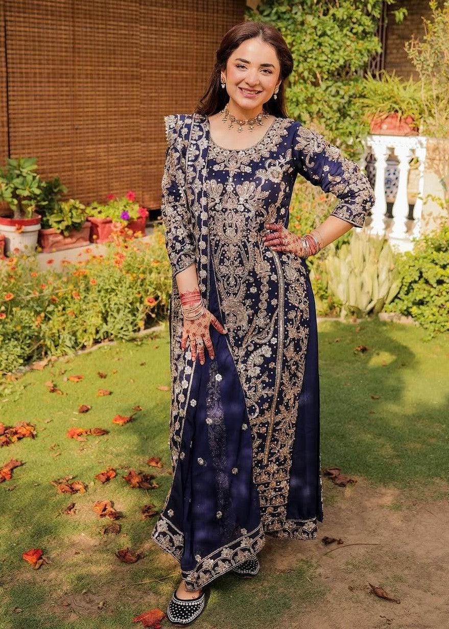 Embroidered Blue Pakistani Shalwar Kameez, Chiffon Dupatta, 3-Piece Set