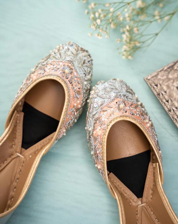 Embroidered Peach & Blue Jutti: Sequin Pearl Khussa Mojari
