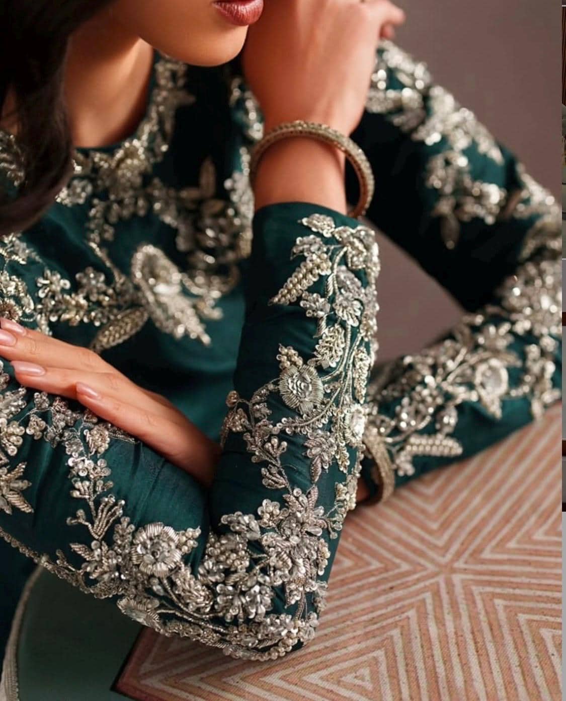 Peacock Green Silk Kameez Shalwar, Hand-Embellished Mirror Work 3pc Outfit