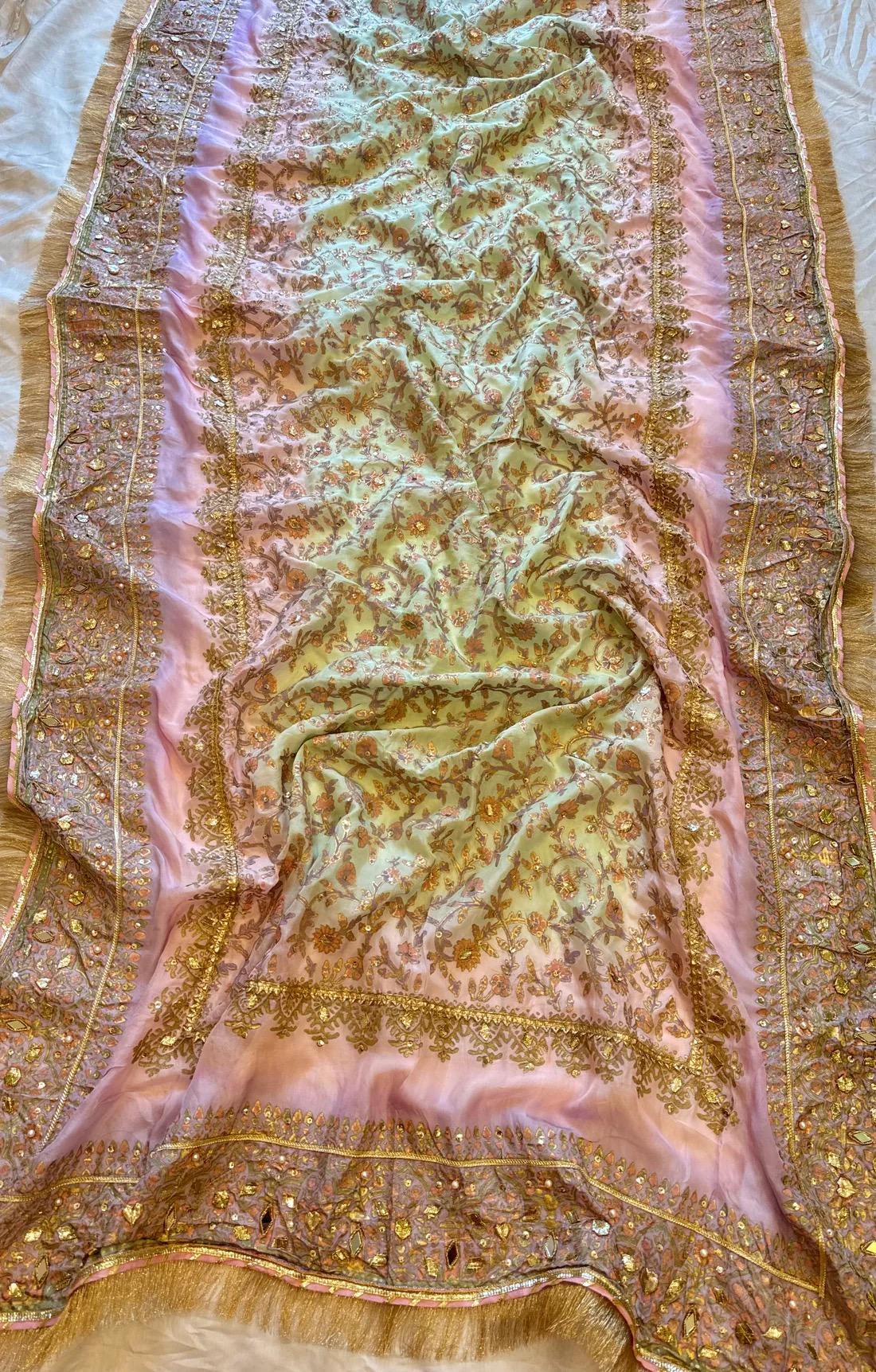 Hand-Embroidered Pastel Silk Dupatta: Gold Lace Indian Shawl