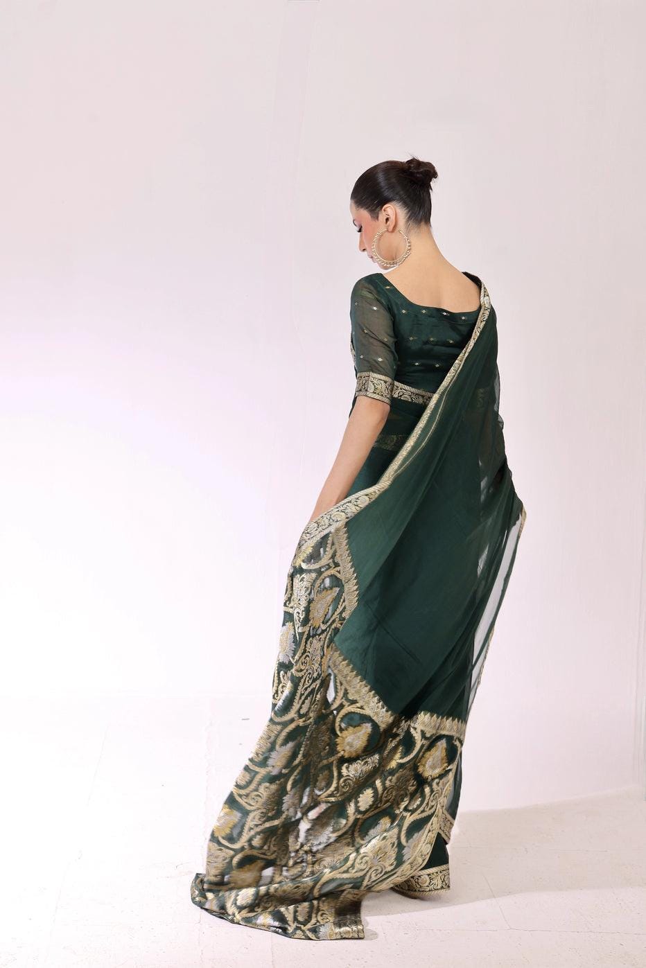 Emerald Green Banarasi Chiffon Saree, Indian Wedding Wear