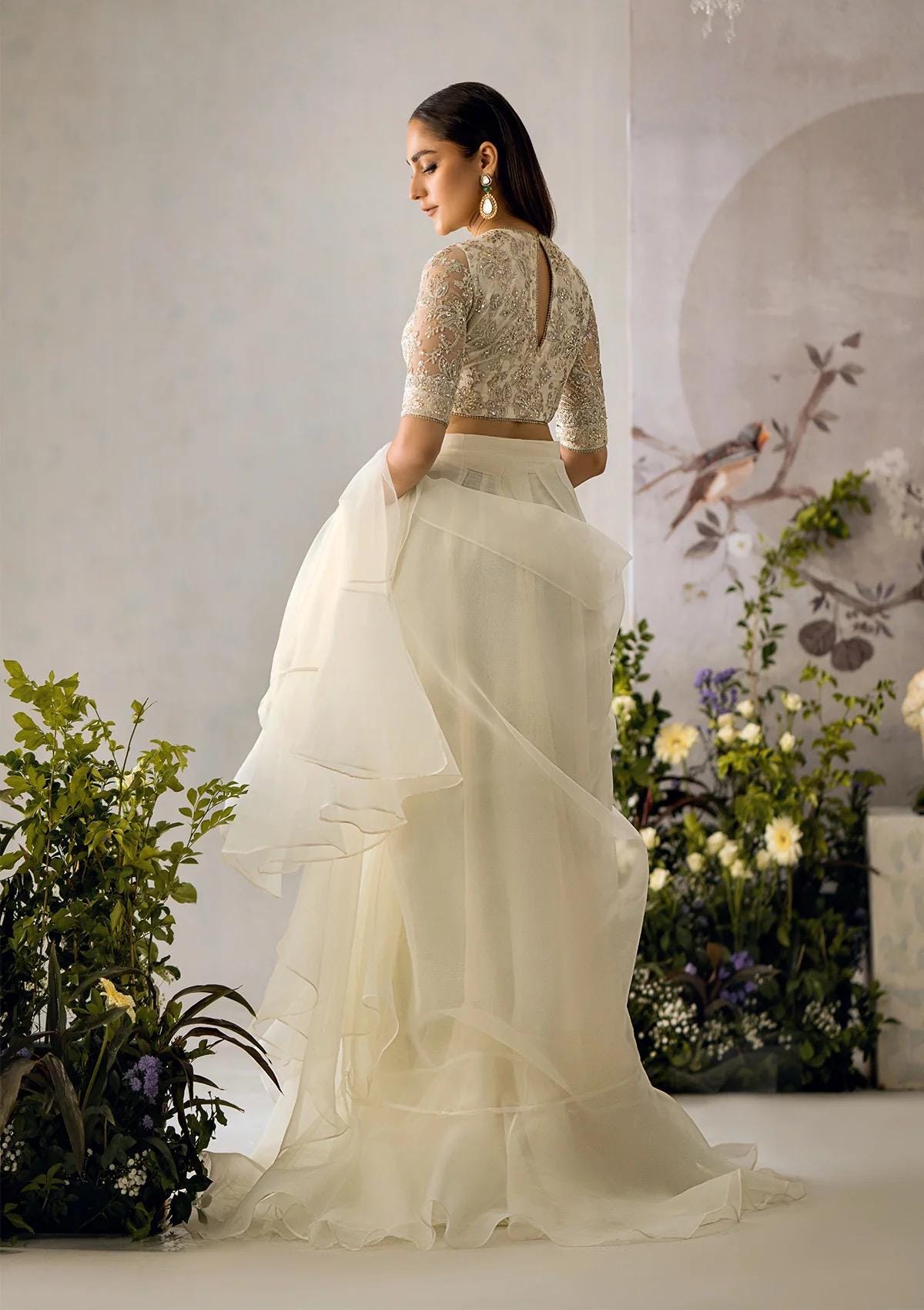 dreamy off white saree  with Embroidered Blouse: Indian Party Wear