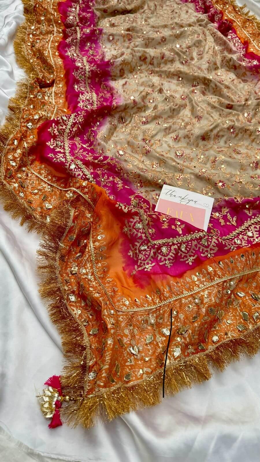 Kamdani Silk Dupatta: Multicolor Chunari Shawl with Mukesh Work,ivory duppata embroidered,orange gotta work duppata,mayun,mehndi duppata