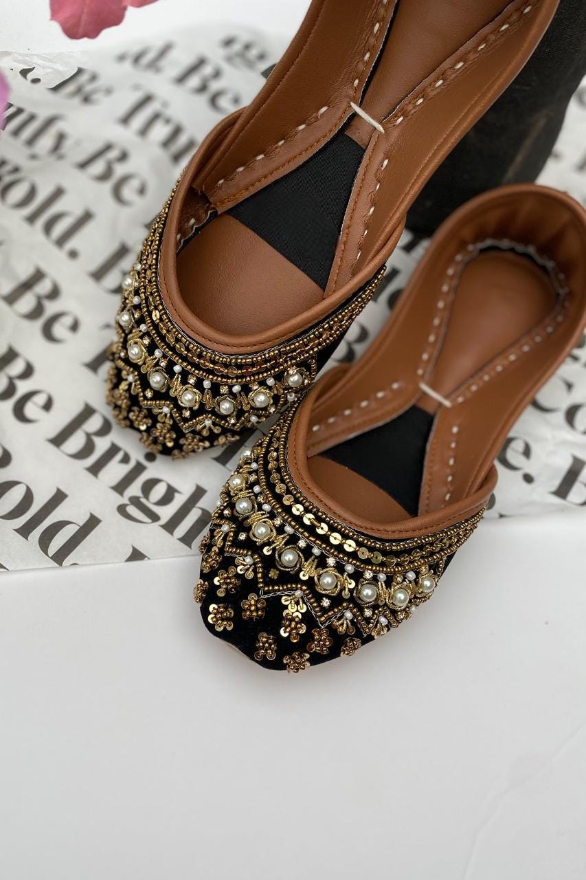 Black & Gold Bridal Jutti Flats: Handmade Pakistani Wedding Shoes