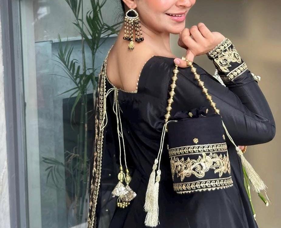 Black Silk Maxi Dress, Tilla Embroidery, Net Dupatta, Pakistani Indian