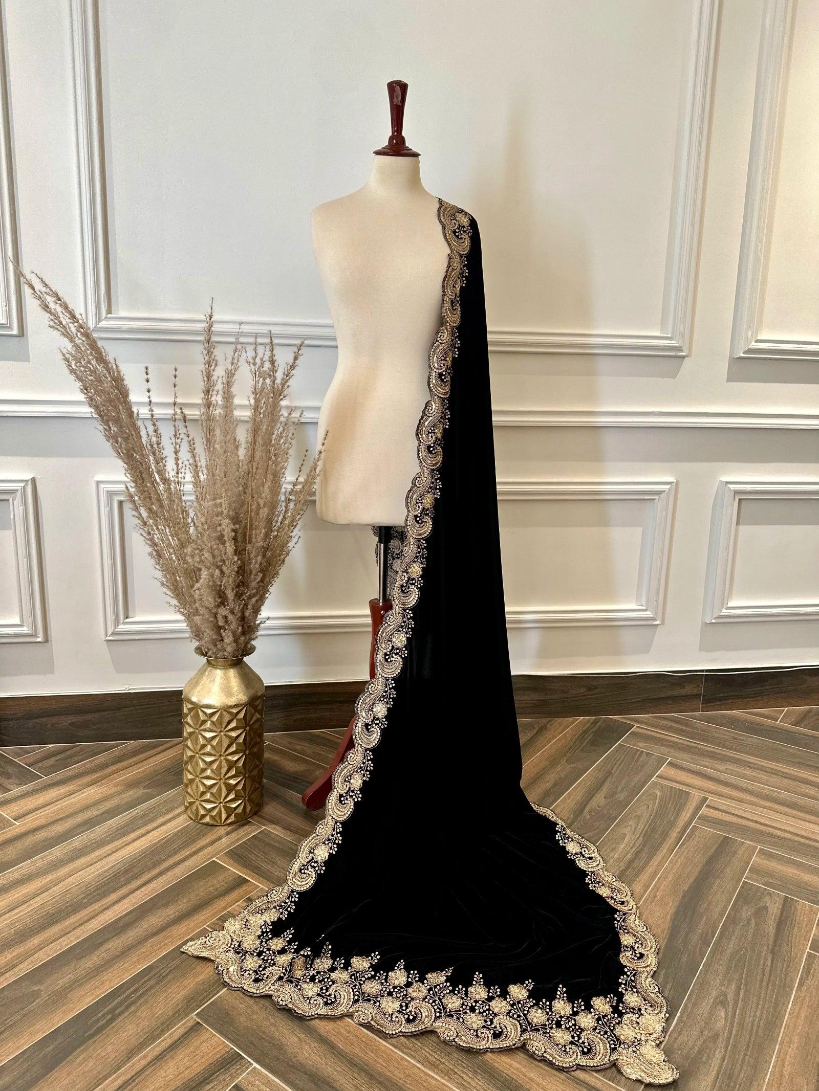 Luxury Black Velvet Shawl – Hand-Embellished Sequins, Tila Work, Formal Wrap