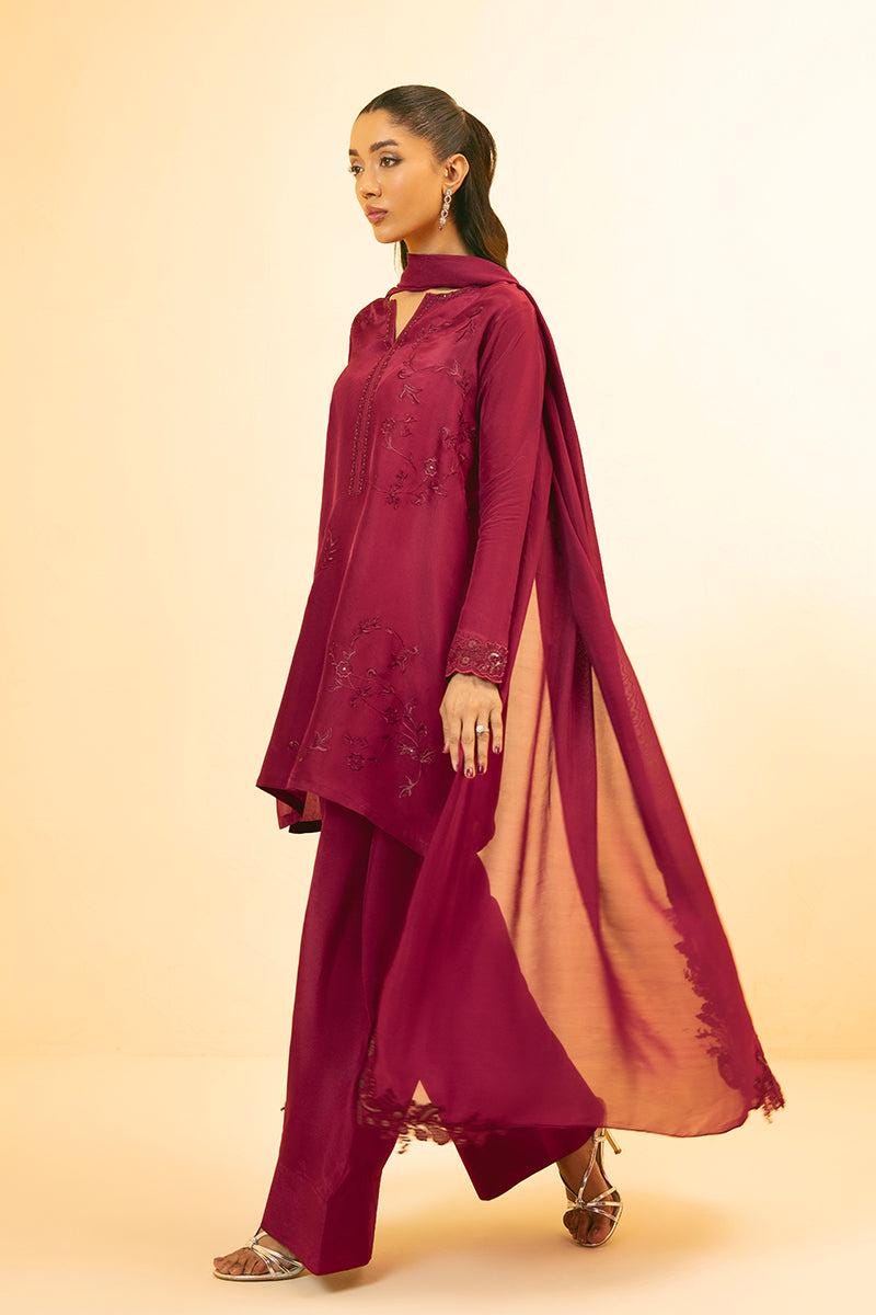 Embroidered Tassel Silk Farshi Shalwar Kameez: Pakistani 3-Piece Suit