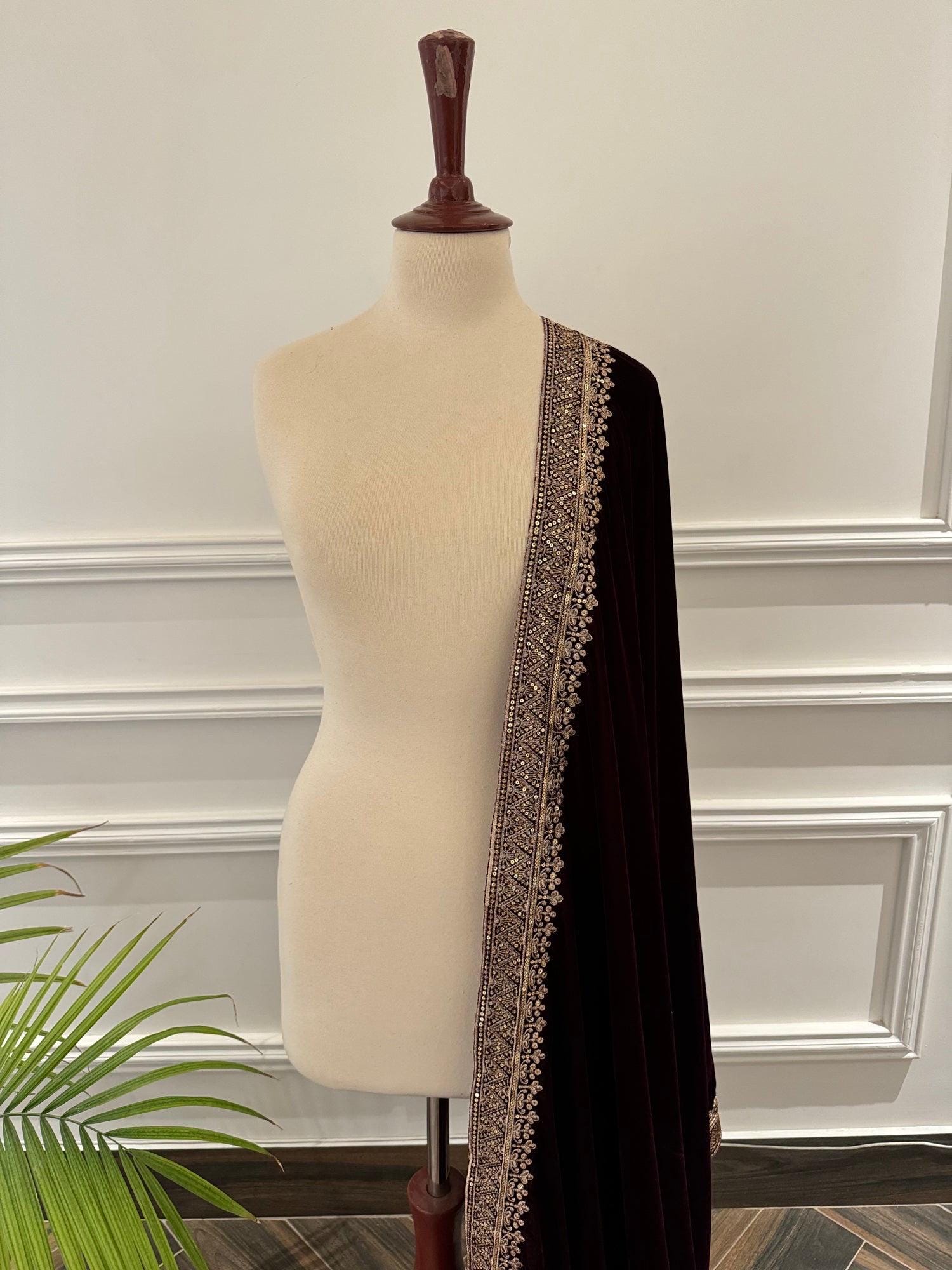 Maroon/black, brown Velvet Bridal Shawl: Embroidered Wedding Duppata