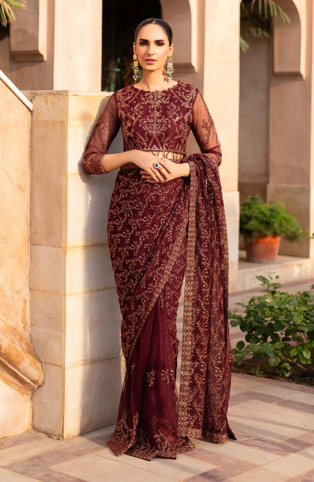 Maroon Sequins Embroidered Net Saree, Indian Party Wear, Blouse Included