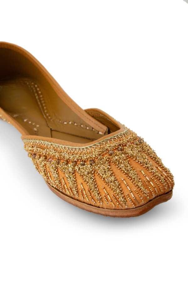 Handmade Zari Kora Work Jutti, Rust Gold Silk Khussa Flats