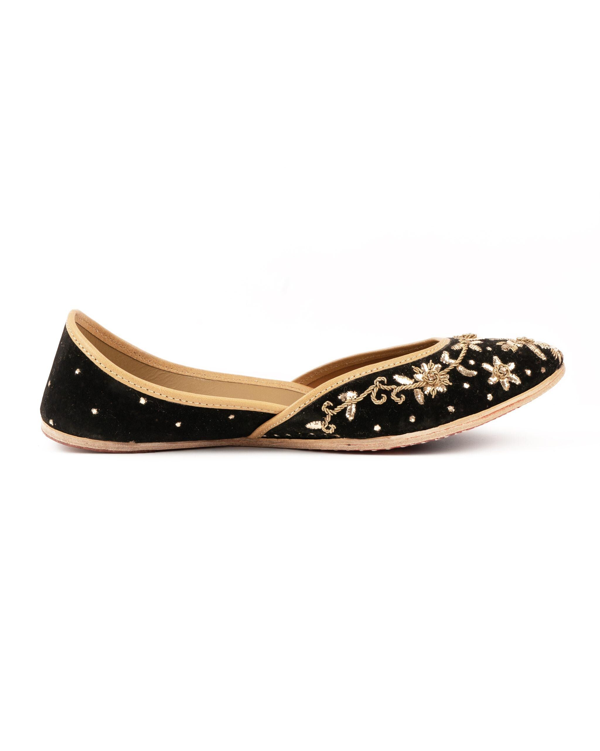 Mukaish Embroidered Jutti Flats: Royal Metallic Black Khussa Shoes