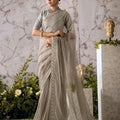 Grey & Gold Sequin Embroidered Tulle Saree, Indian Wedding Dress