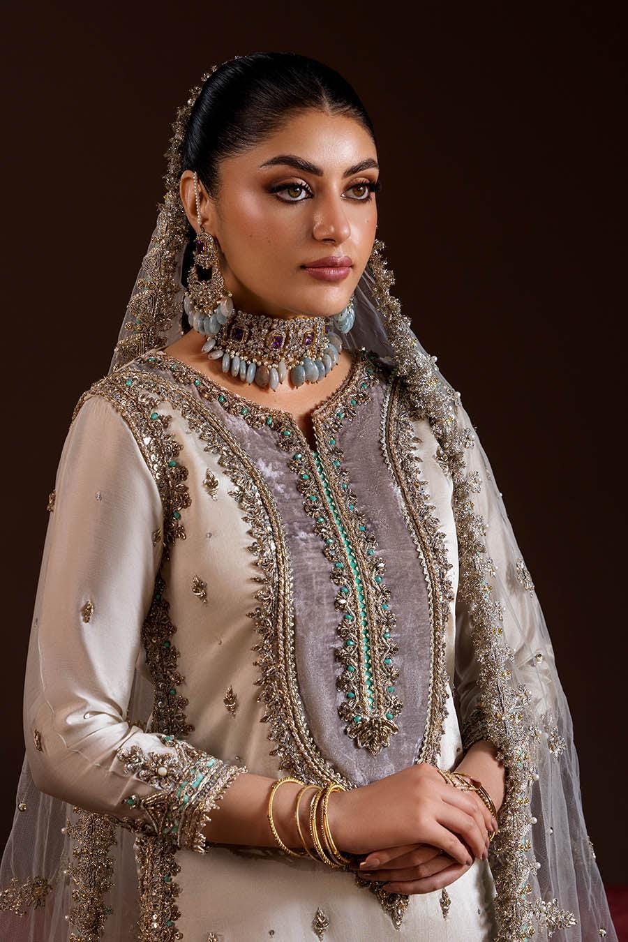 Ivory Glass Silk Farshi Shalwar Kameez with Net Dupatta