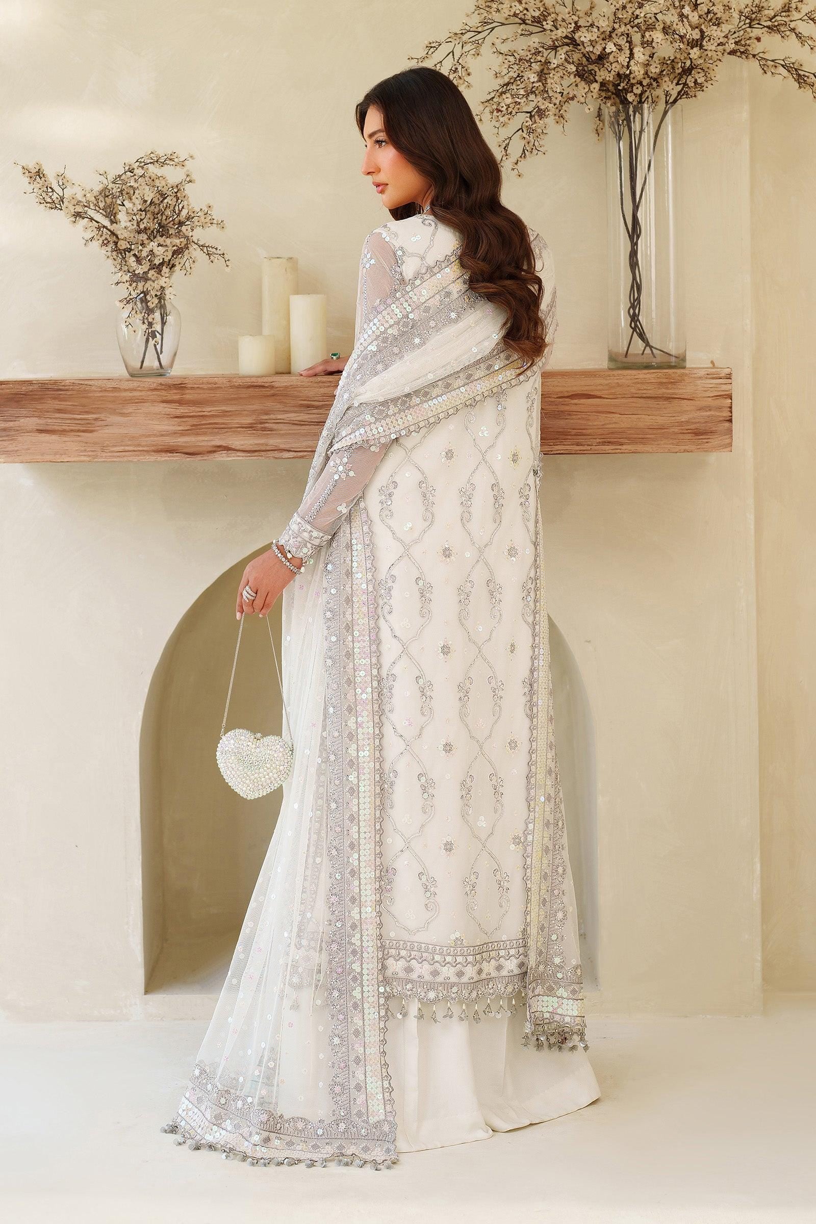 White Sequins Embroidered Pakistani Dress with Sharara
